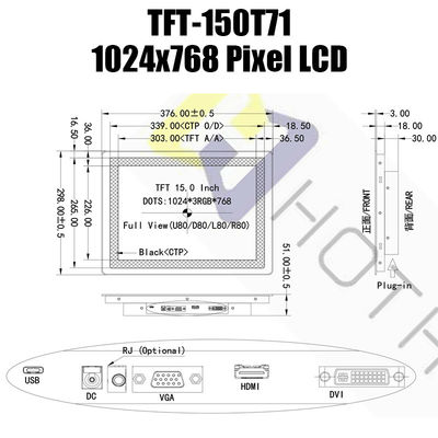 15.0 Inch Pcap Monitor Layar LCD HDMI 1024x768 IPS TFT Modul Layar LCD