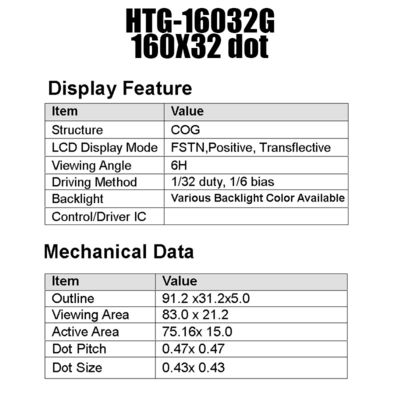 75.16x16mm Modul LCD COG 160x32 ST7525 Negatif Transmisif HTG16032G