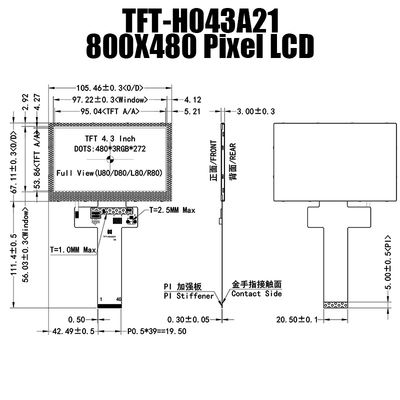 480x272 Warna 4.3 Inch TFT LCD Display Modul Sinar Matahari Dapat Dibaca TFT-H043A21WQISTKN40