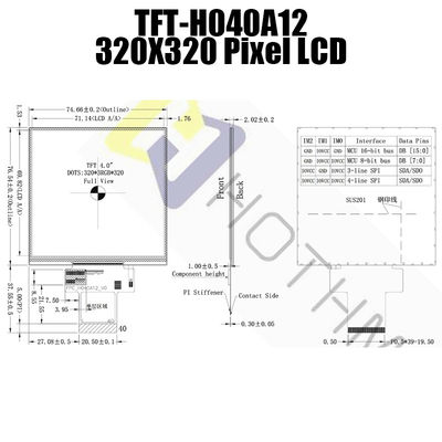 Layar LCD IPS TFT Persegi Tahan Lama 4 Inch 320x320 Titik Dengan IC TFT-H040A12DHIIL4N40