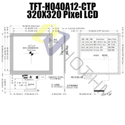 Persegi 350cd/M2 IPS TFT LCD Display 4 Inch 320x320 Dots Dengan CTP TFT-H040A12DHIIL3C40