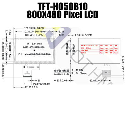 Layar TFT RGB 5 Inci Praktis, IC ST7262 Layar Dapat Dibaca Sinar Matahari TFT-H050B10SVISTKN50
