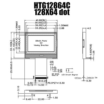 Tahan lama 128X64 COG Modul LCD Grafis ST7565R Dengan Lampu Latar Sisi Putih HTG12864C