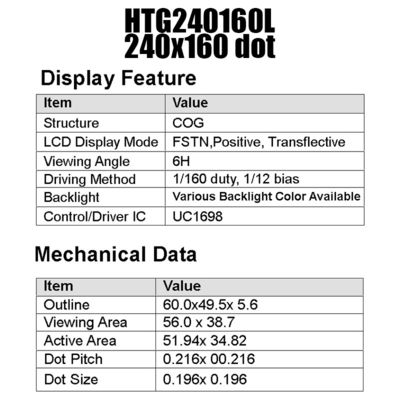 Modul LCD 18PIN 240x160 COG UC1698 Dengan Lampu Latar Putih Samping HTG240160L